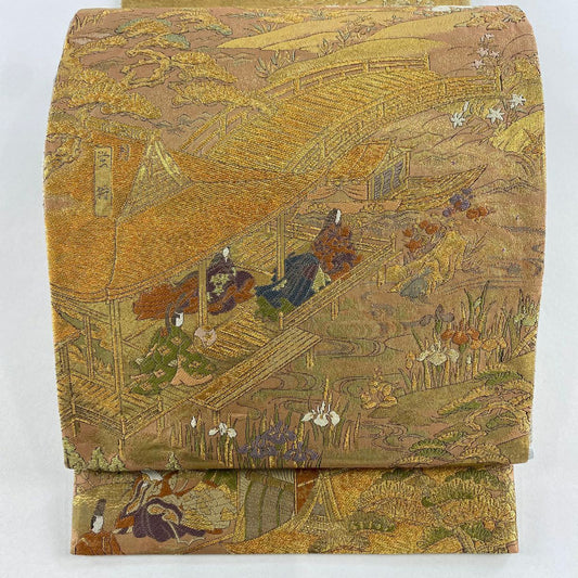 【美品】 袋帶 名品級 人物 草花紋 金金箔 金銀彩 金 純蠶絲