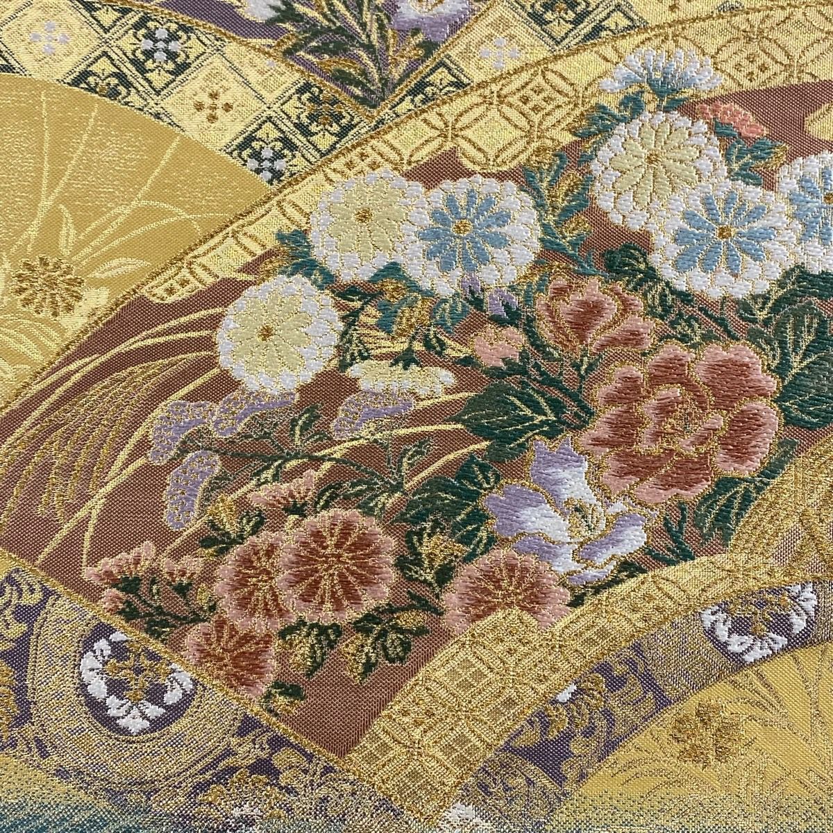 【美品】袋帶 名品級 扇子面 草花紋 金糸 金金箔 淺綠 お太鼓圖案 純蠶絲