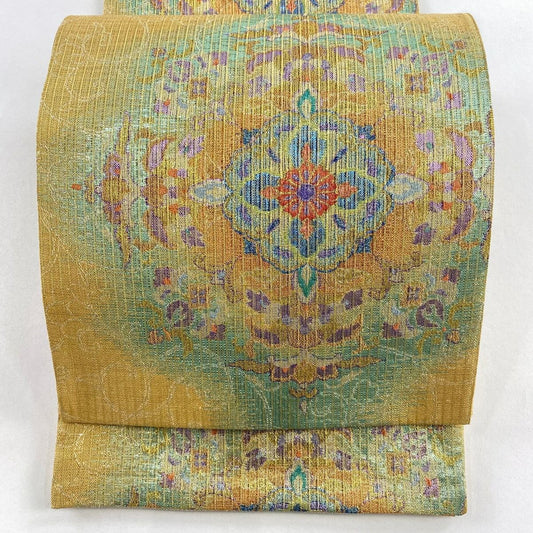 【美品】 袋帶 名品級 振袖禮服禮服用 華紋 花唐草紋 金絲 金金箔 金 六通 純蠶絲