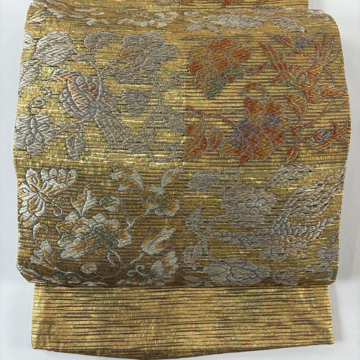 【美品】 袋帶 名品級 證書齊全 本泥染 金唐金箔 鳥 草花紋 金絲 金箔 金茶 六通 純蠶絲