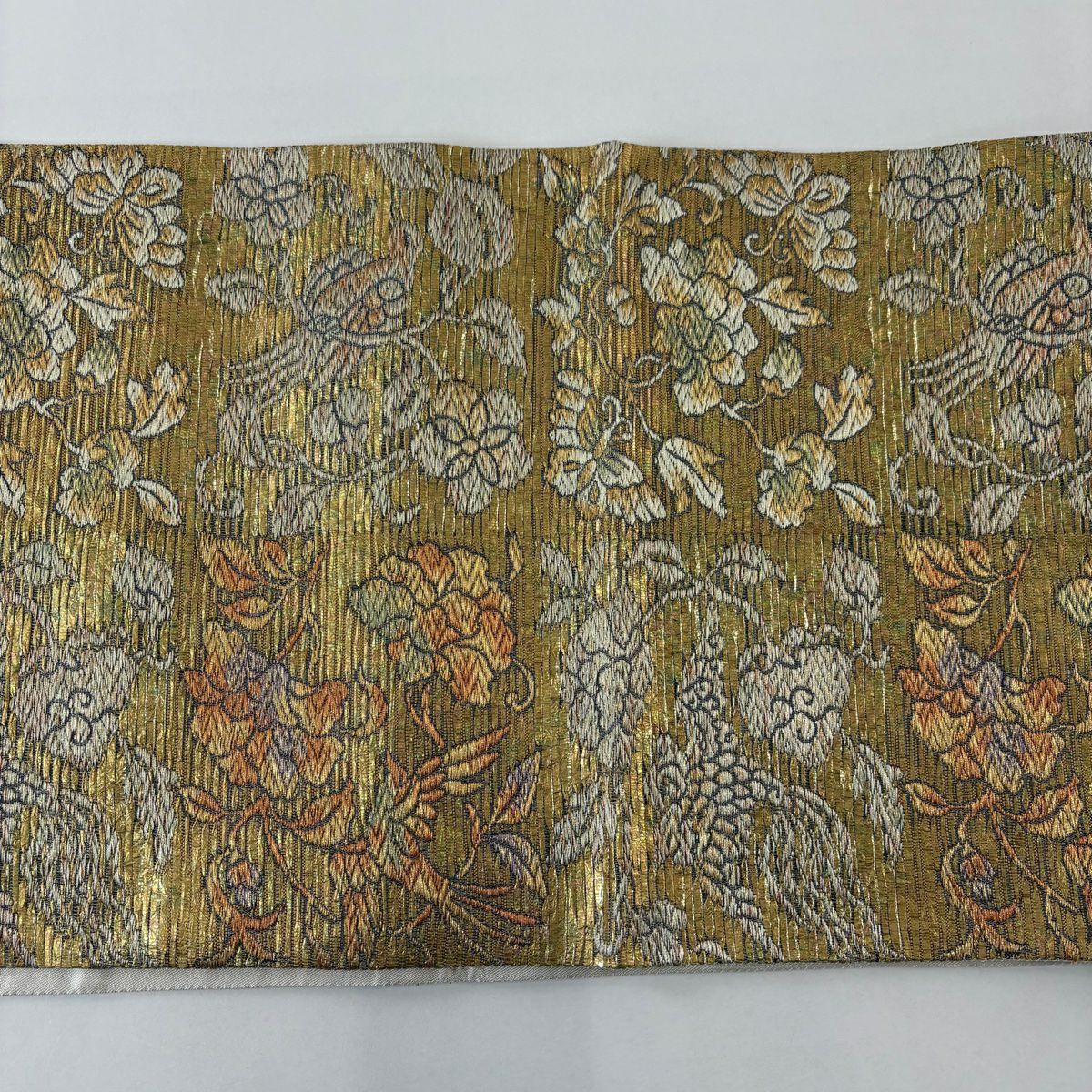 【美品】 袋帶 名品級 證書齊全 本泥染 金唐金箔 鳥 草花紋 金絲 金箔 金茶 六通 純蠶絲