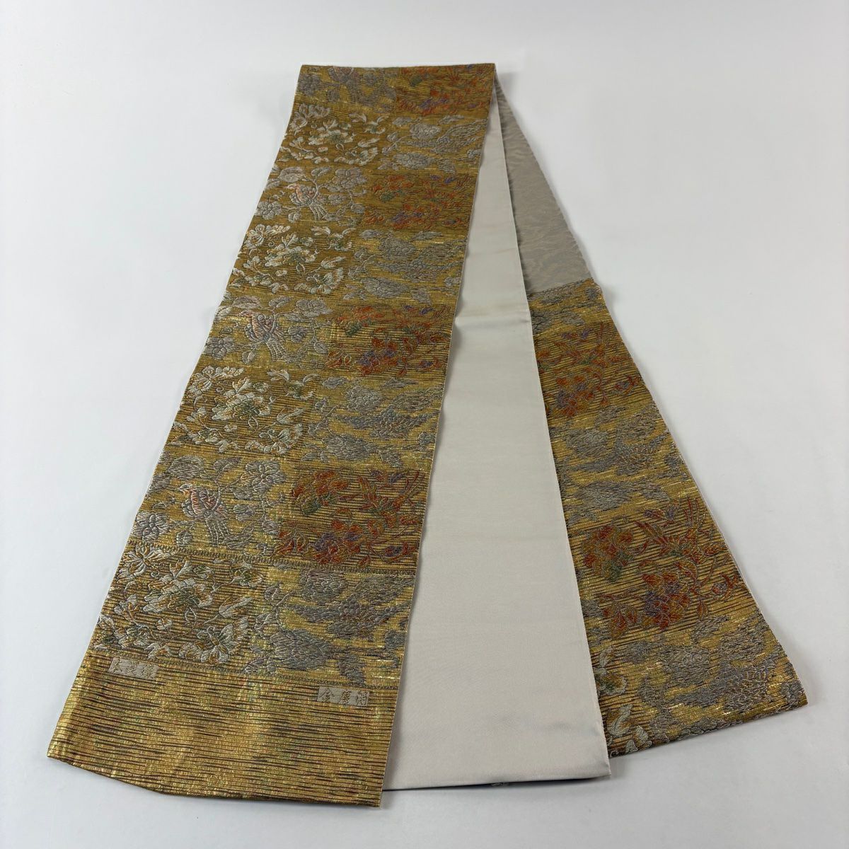 【美品】 袋帶 名品級 證書齊全 本泥染 金唐金箔 鳥 草花紋 金絲 金箔 金茶 六通 純蠶絲