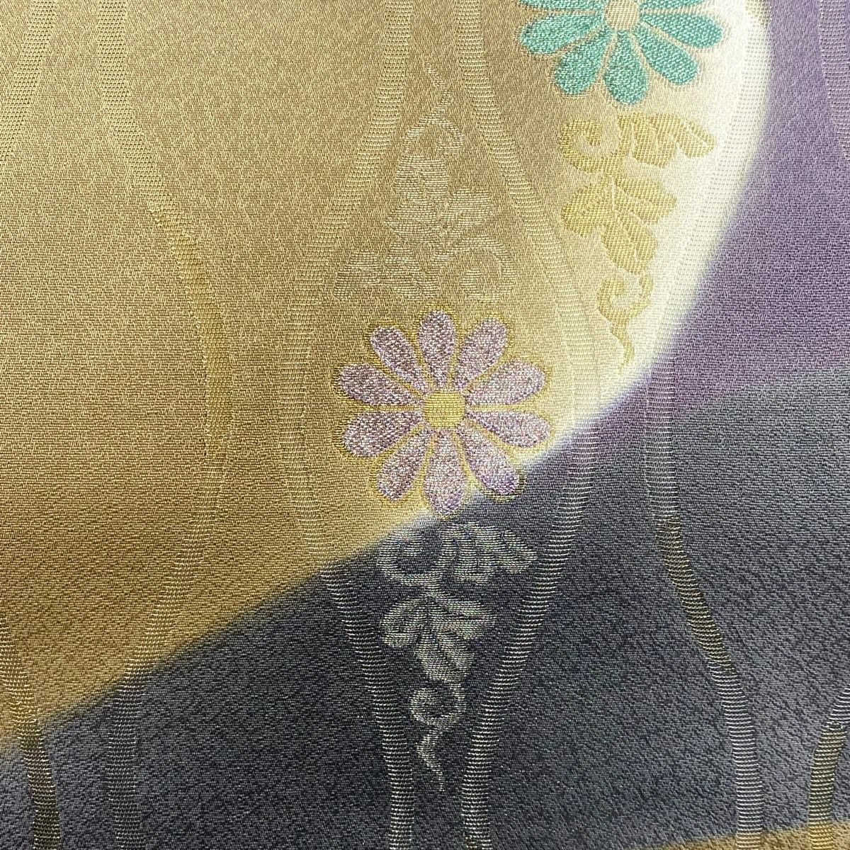 【美品】 袋帶 名品級 菊花 立涌 金銀彩 拉麵絲 灰紫 全通 純蠶絲