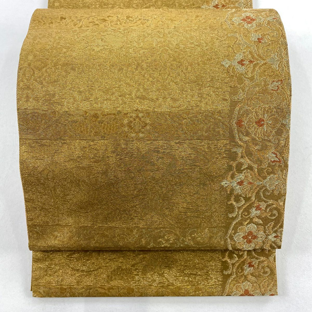 【美品】 袋帶 名品級 じゅらく 落款あり 花唐草紋 金糸 金金箔 黃土色 六通 純蠶絲