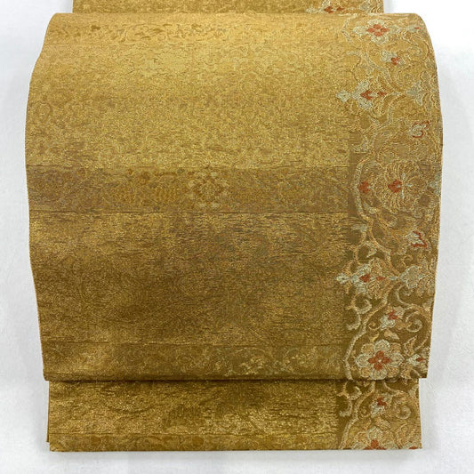 【美品】 袋帶 名品級 じゅらく 落款あり 花唐草紋 金糸 金金箔 黃土色 六通 純蠶絲