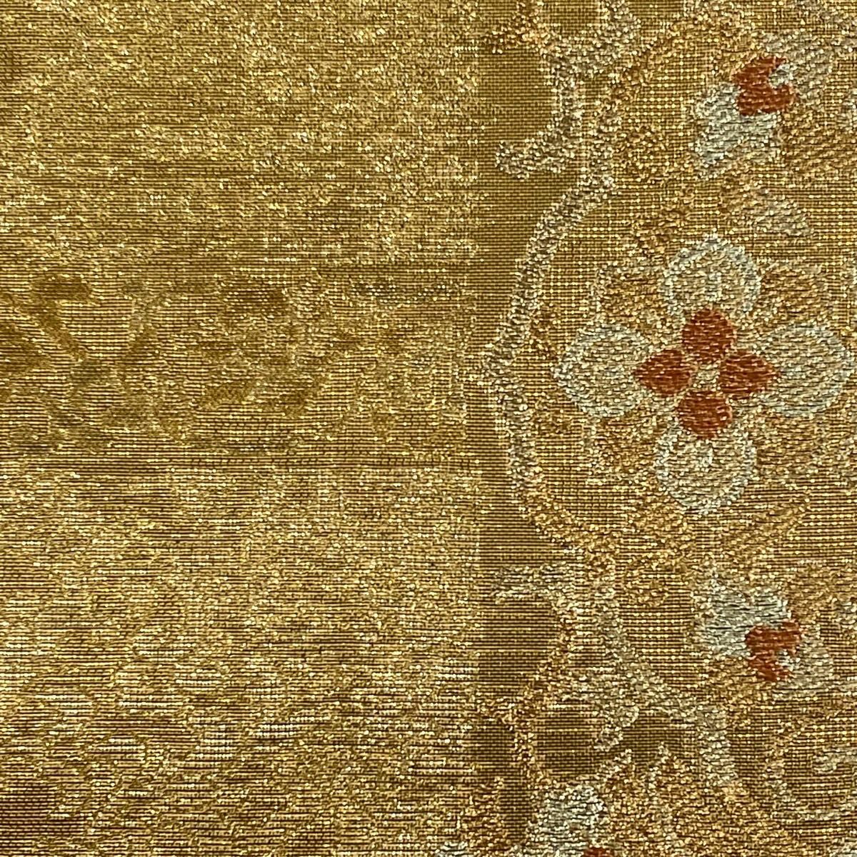 【美品】 袋帶 名品級 じゅらく 落款あり 花唐草紋 金糸 金金箔 黃土色 六通 純蠶絲