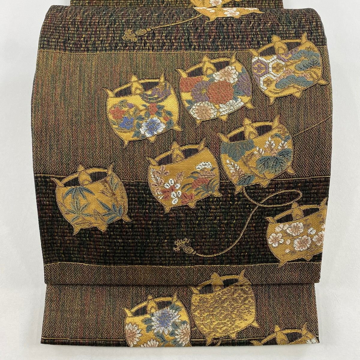 【美品】 袋帶 名品級 線卷 段紋 金絲 拉麵絲 茶綠 六通 純蠶絲