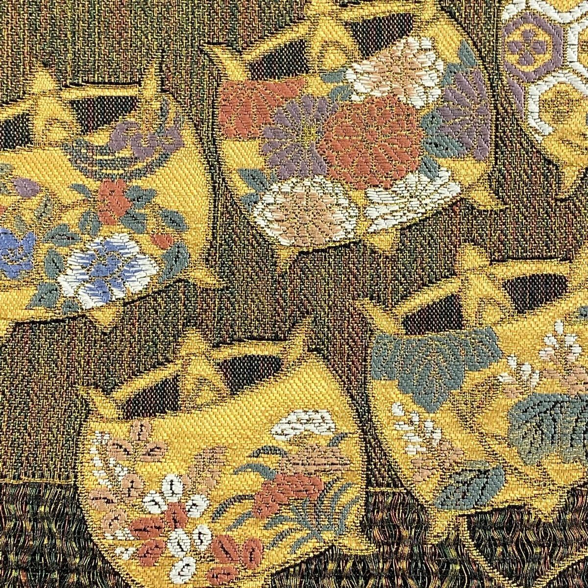 【美品】 袋帶 名品級 線卷 段紋 金絲 拉麵絲 茶綠 六通 純蠶絲