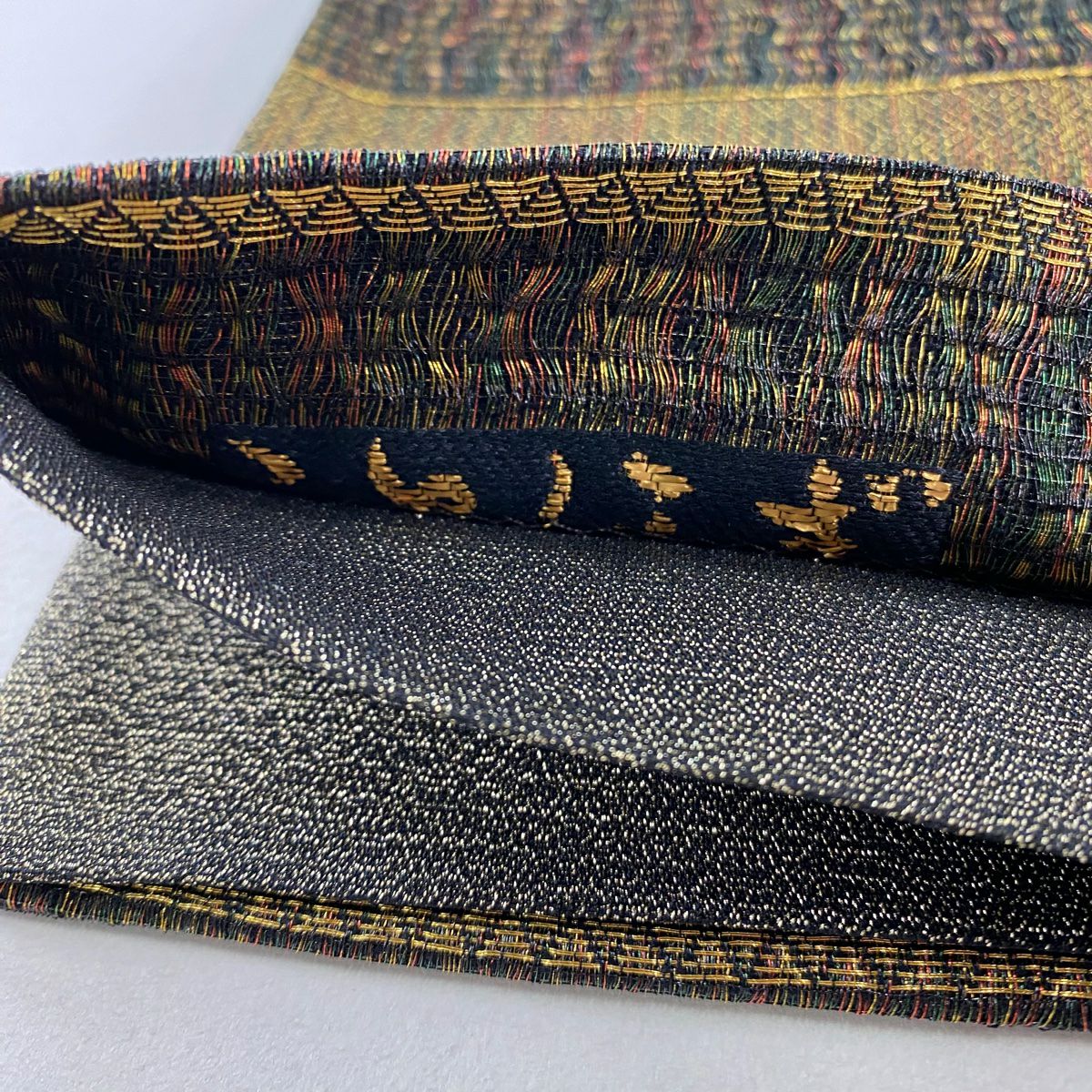 【美品】 袋帶 名品級 線卷 段紋 金絲 拉麵絲 茶綠 六通 純蠶絲
