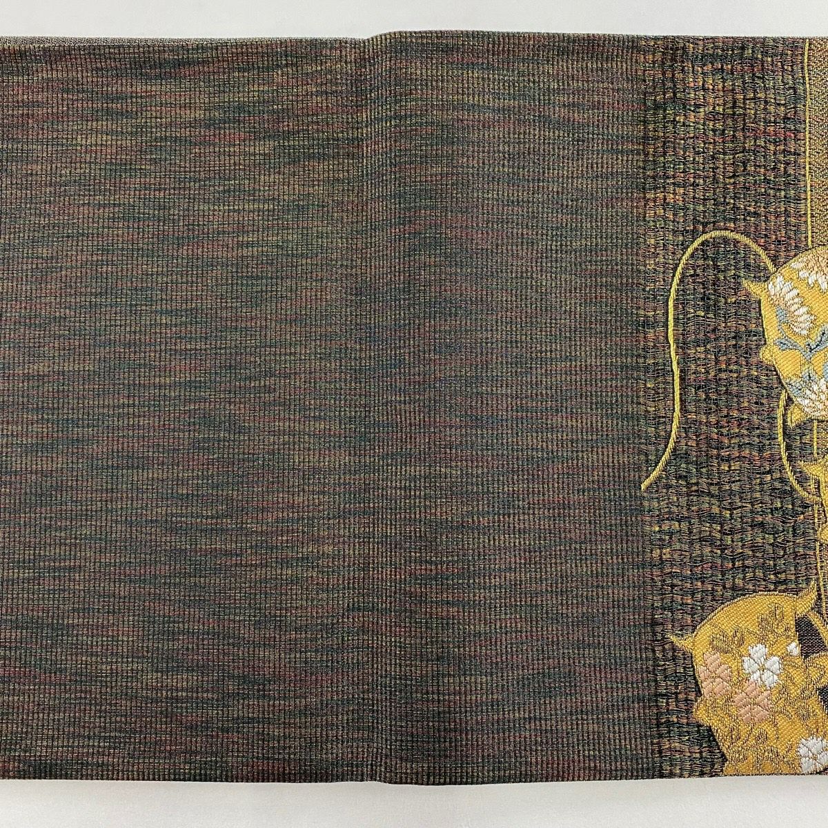 【美品】 袋帶 名品級 線卷 段紋 金絲 拉麵絲 茶綠 六通 純蠶絲