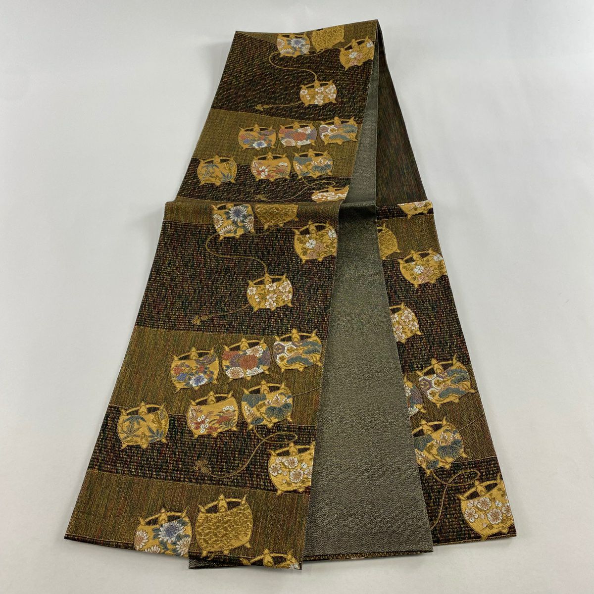【美品】 袋帶 名品級 線卷 段紋 金絲 拉麵絲 茶綠 六通 純蠶絲