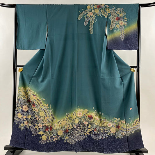 訪問服 身長159.5cm 袖長65cm M 雙層 落款有 辻花染 染分 ぼかし 青綠 純蠶絲 名品級