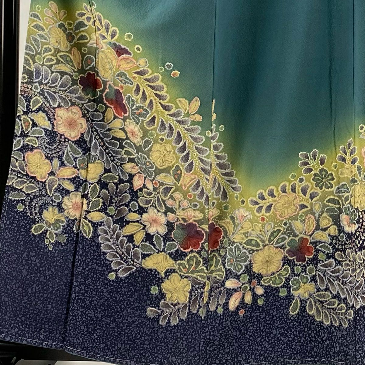 訪問服 身長159.5cm 袖長65cm M 雙層 落款有 辻花染 染分 ぼかし 青綠 純蠶絲 名品級
