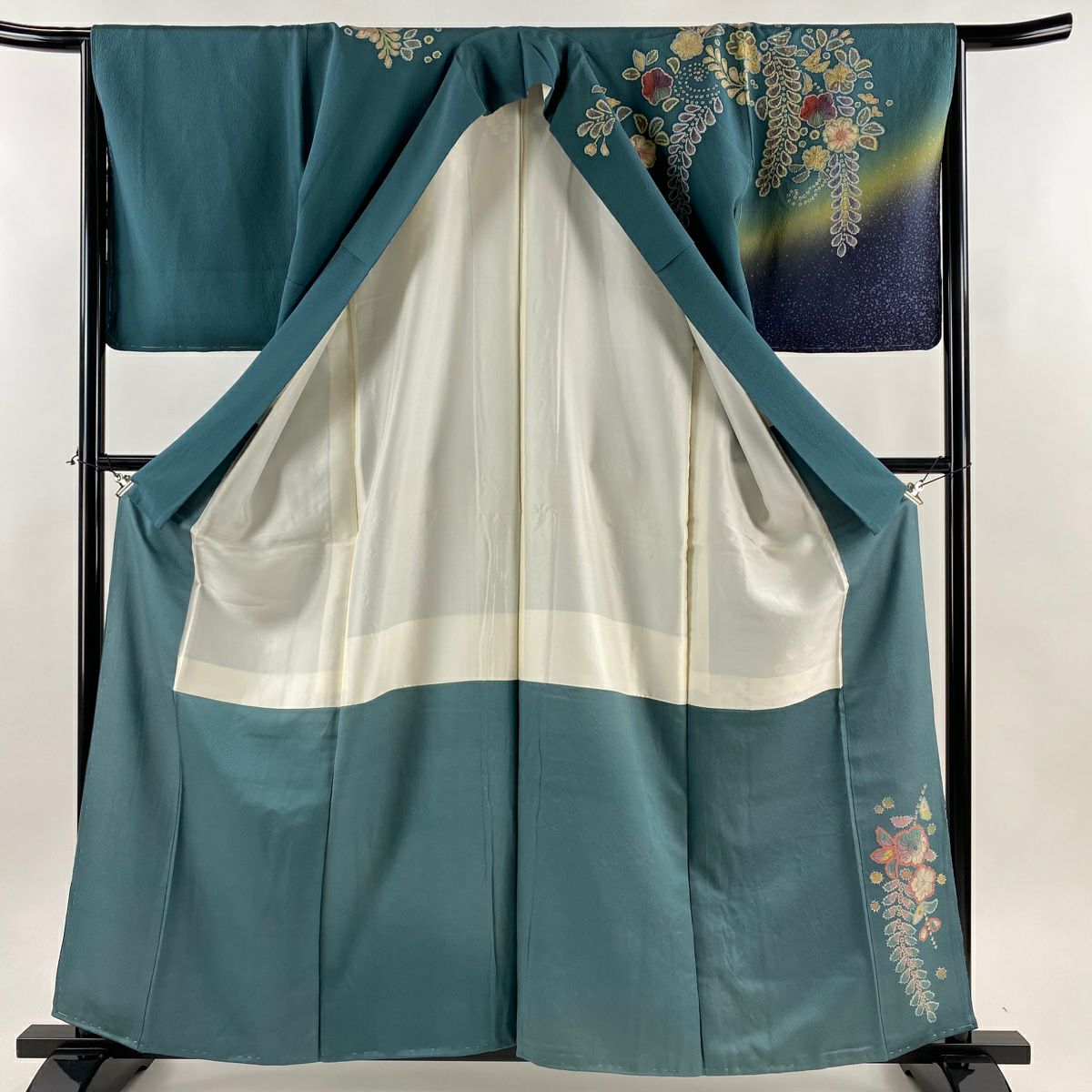 訪問服 身長159.5cm 袖長65cm M 雙層 落款有 辻花染 染分 ぼかし 青綠 純蠶絲 名品級