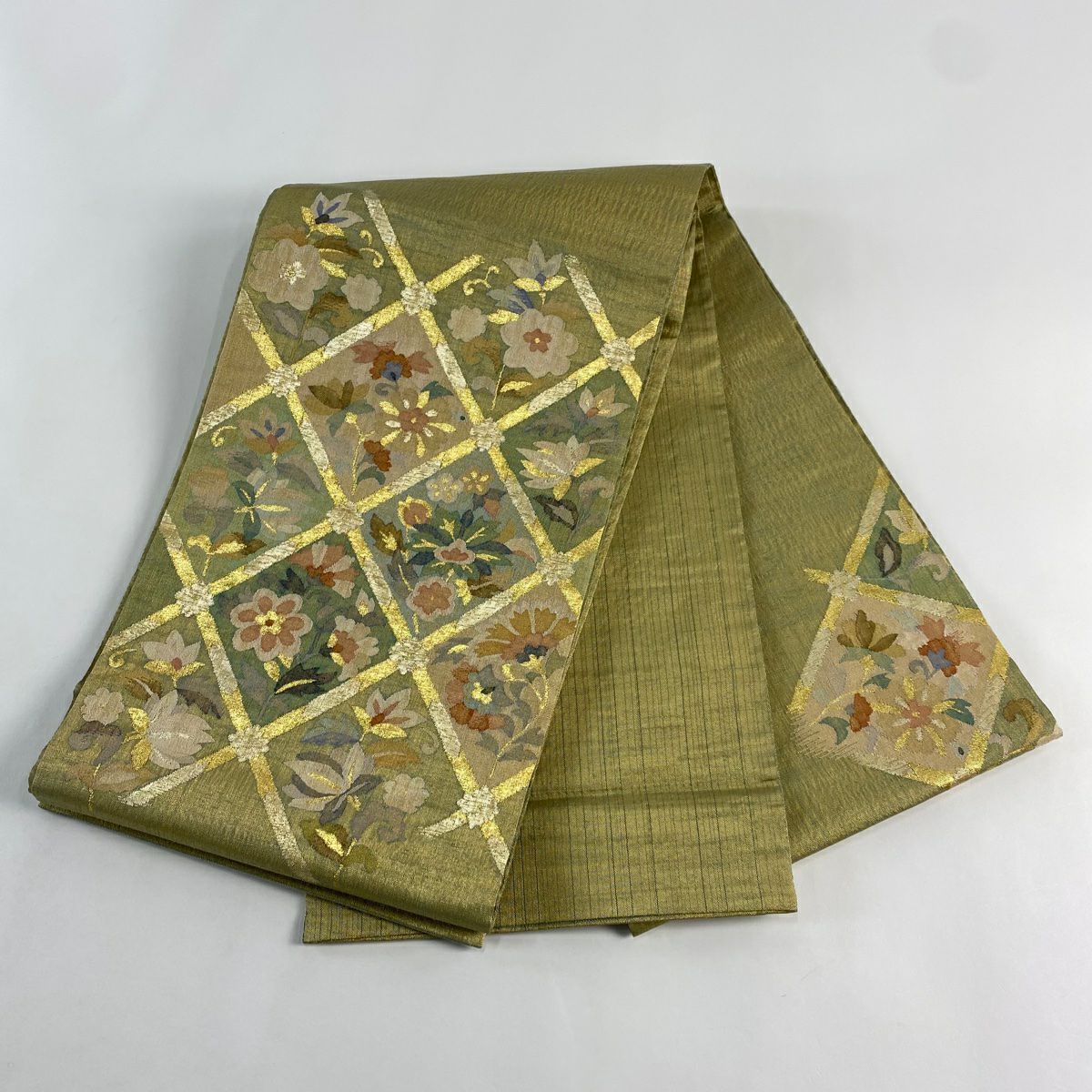 【美品】 袋帶 秀品級 關西仕立 草花紋 斜格 金絲 金金箔 金色 大鼓圖案 純蠶絲