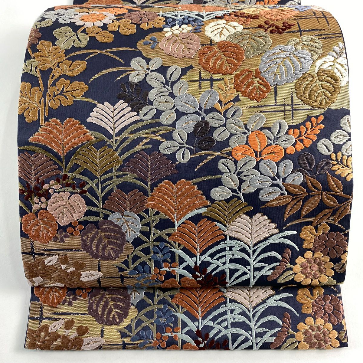 【美品】 袋帶 秀品級 草木染 唐織 秋草 雲文 金金箔 深藍 六通 純蠶絲