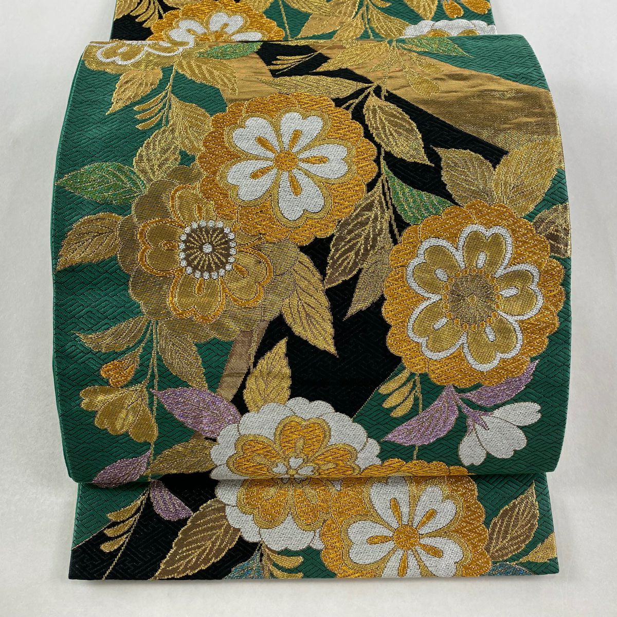 袋帶 秀品級 草花紋紋 幾何圖案 金絲 刺繡 綠 六通 純蠶絲