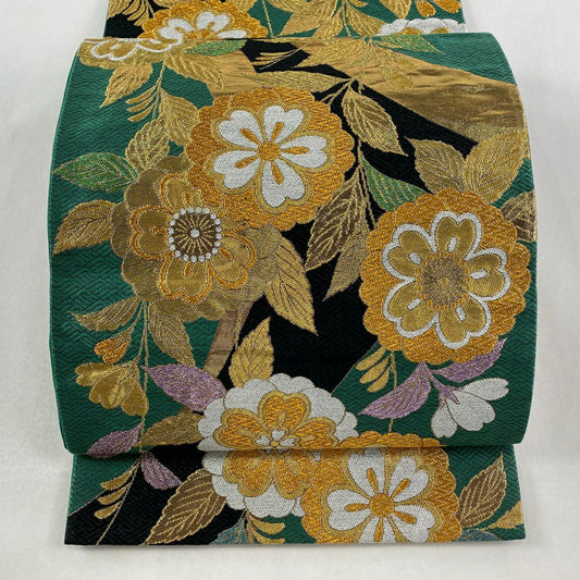 袋帶 秀品級 草花紋紋 幾何圖案 金絲 刺繡 綠 六通 純蠶絲