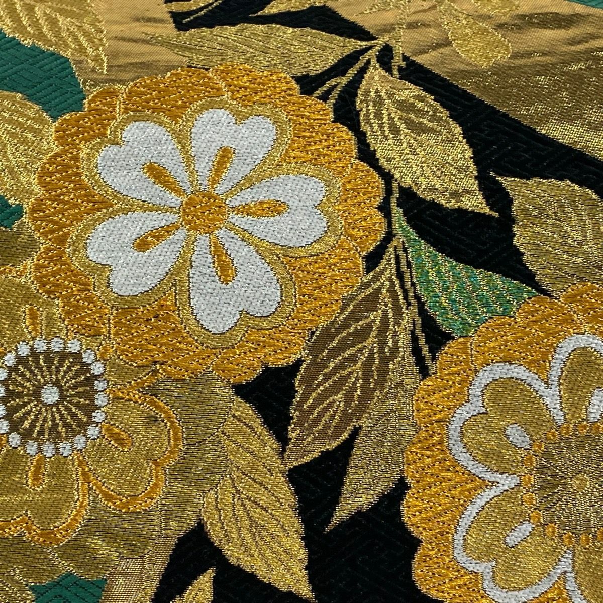 袋帶 秀品級 草花紋紋 幾何圖案 金絲 刺繡 綠 六通 純蠶絲