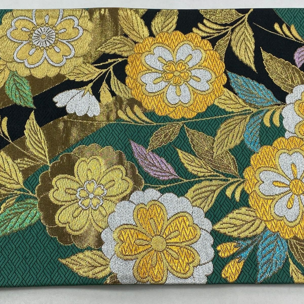 袋帶 秀品級 草花紋紋 幾何圖案 金絲 刺繡 綠 六通 純蠶絲