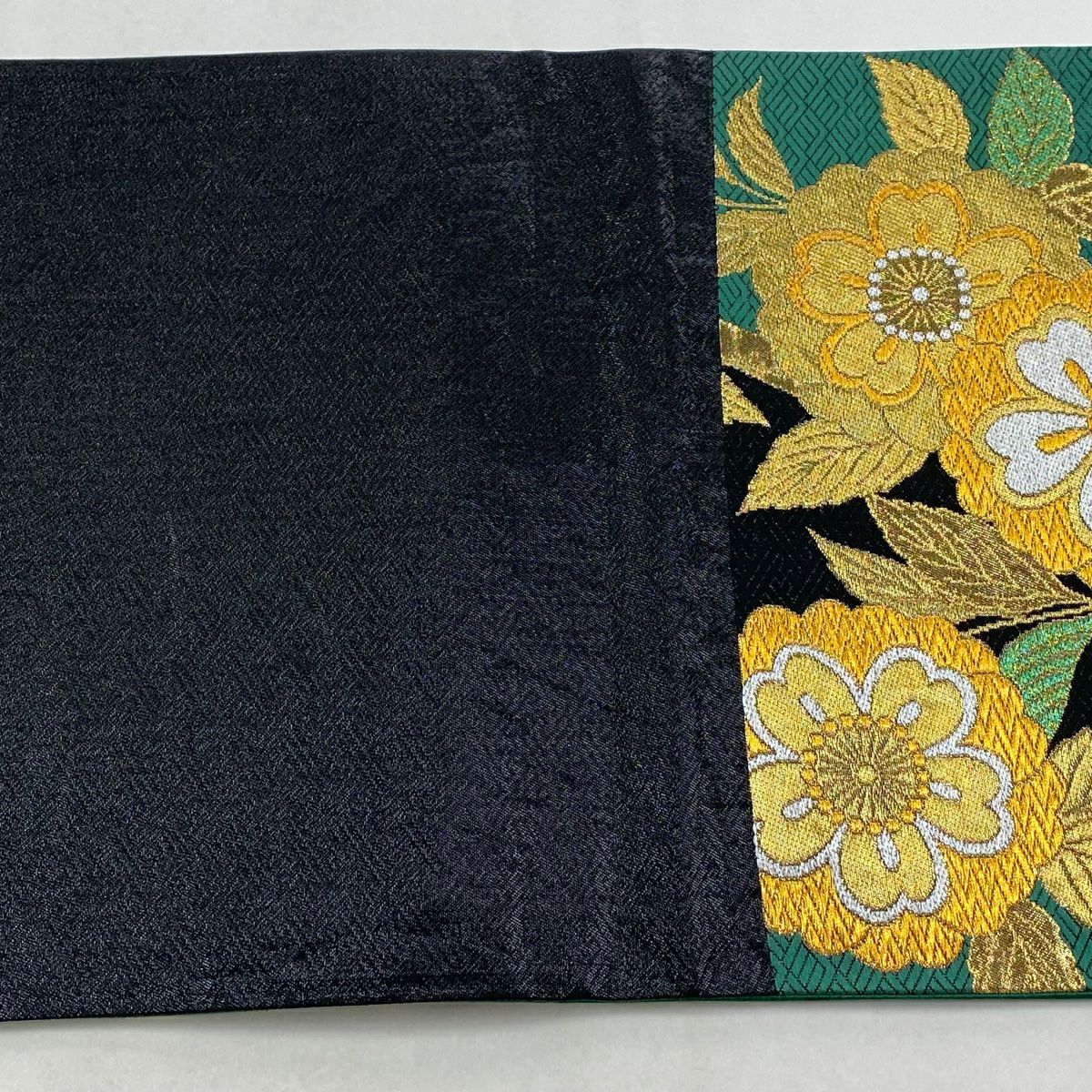 袋帶 秀品級 草花紋紋 幾何圖案 金絲 刺繡 綠 六通 純蠶絲