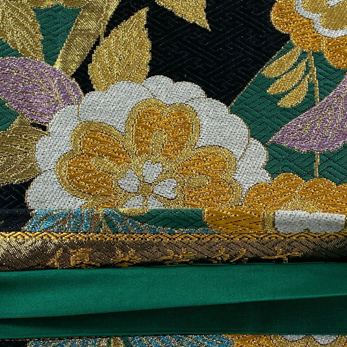 袋帶 秀品級 草花紋紋 幾何圖案 金絲 刺繡 綠 六通 純蠶絲