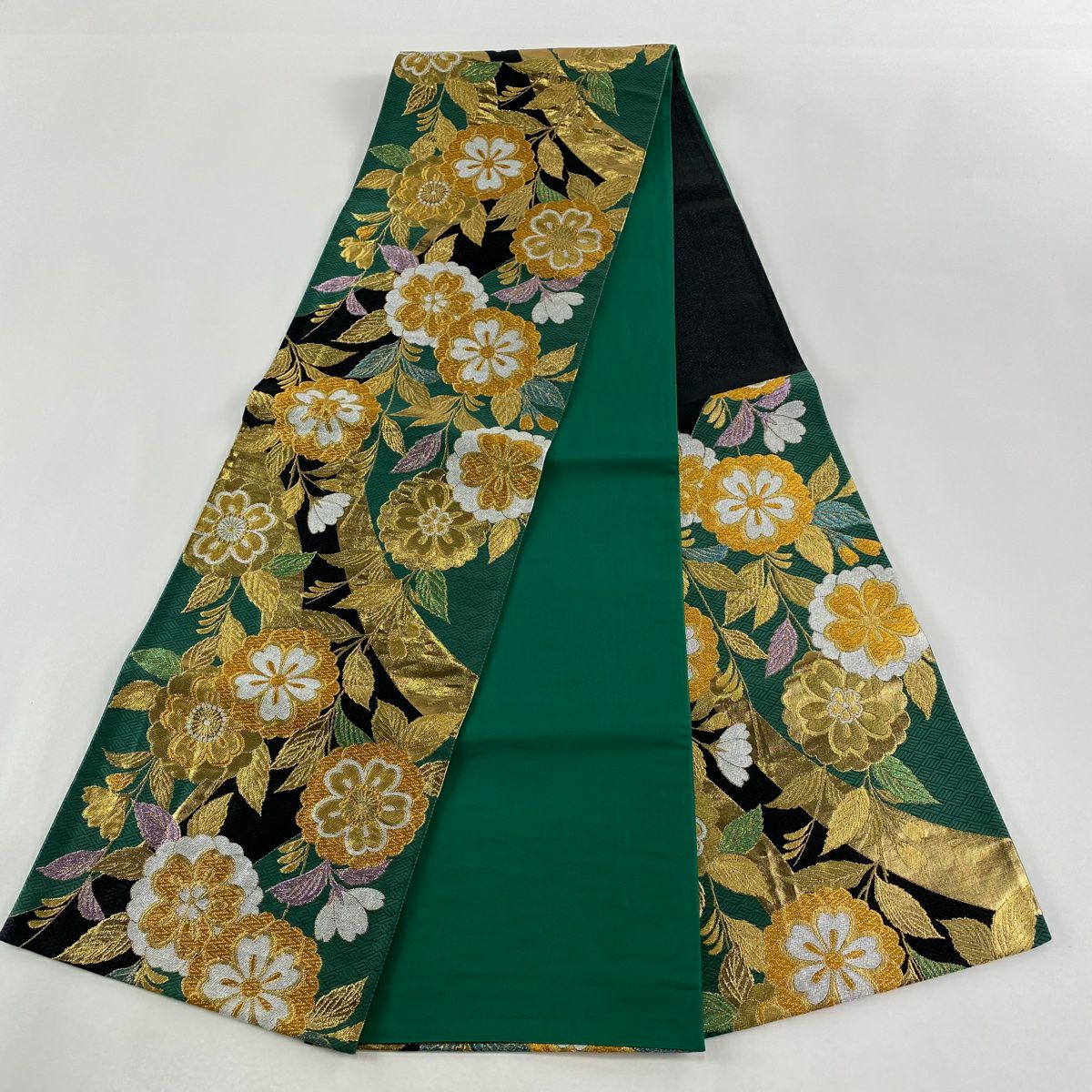袋帶 秀品級 草花紋紋 幾何圖案 金絲 刺繡 綠 六通 純蠶絲