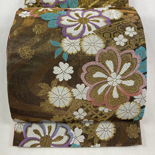 袋帶 秀品級 草花紋紋 流水刺繡 金絲 金色 六通 純蠶絲