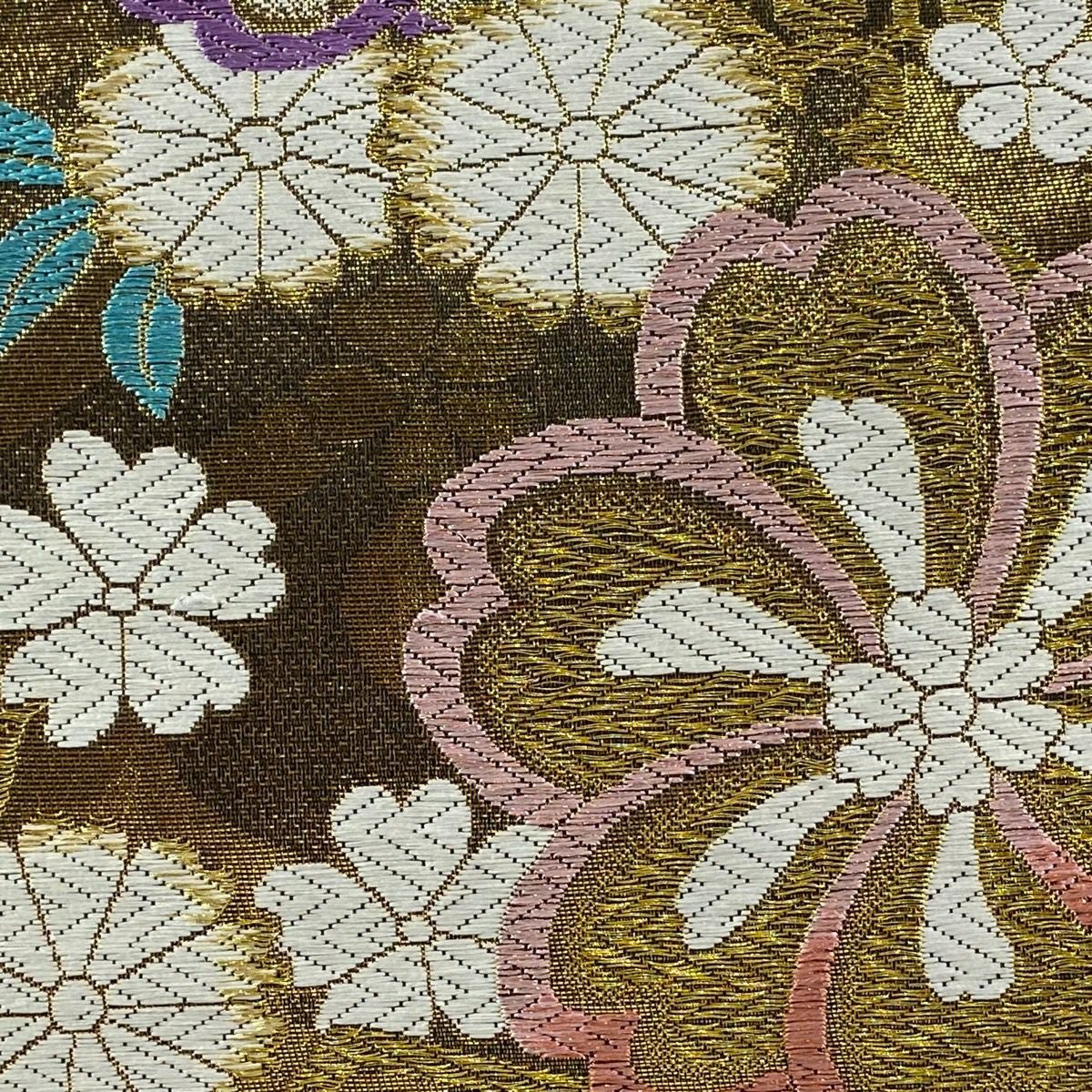 袋帶 秀品級 草花紋紋 流水刺繡 金絲 金色 六通 純蠶絲