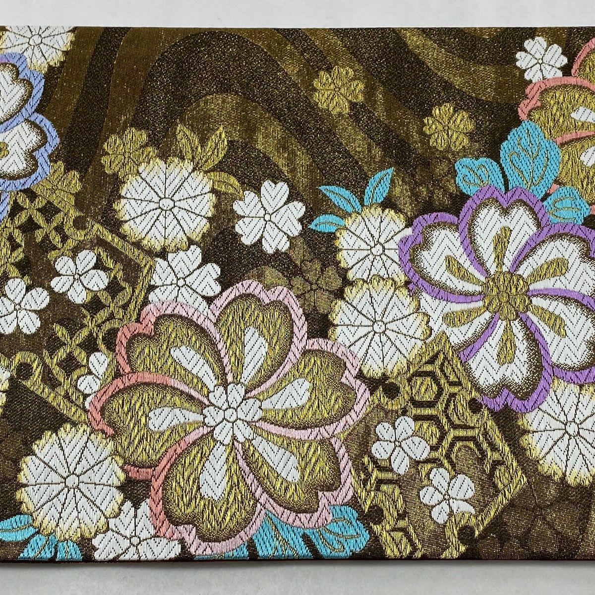 袋帶 秀品級 草花紋紋 流水刺繡 金絲 金色 六通 純蠶絲