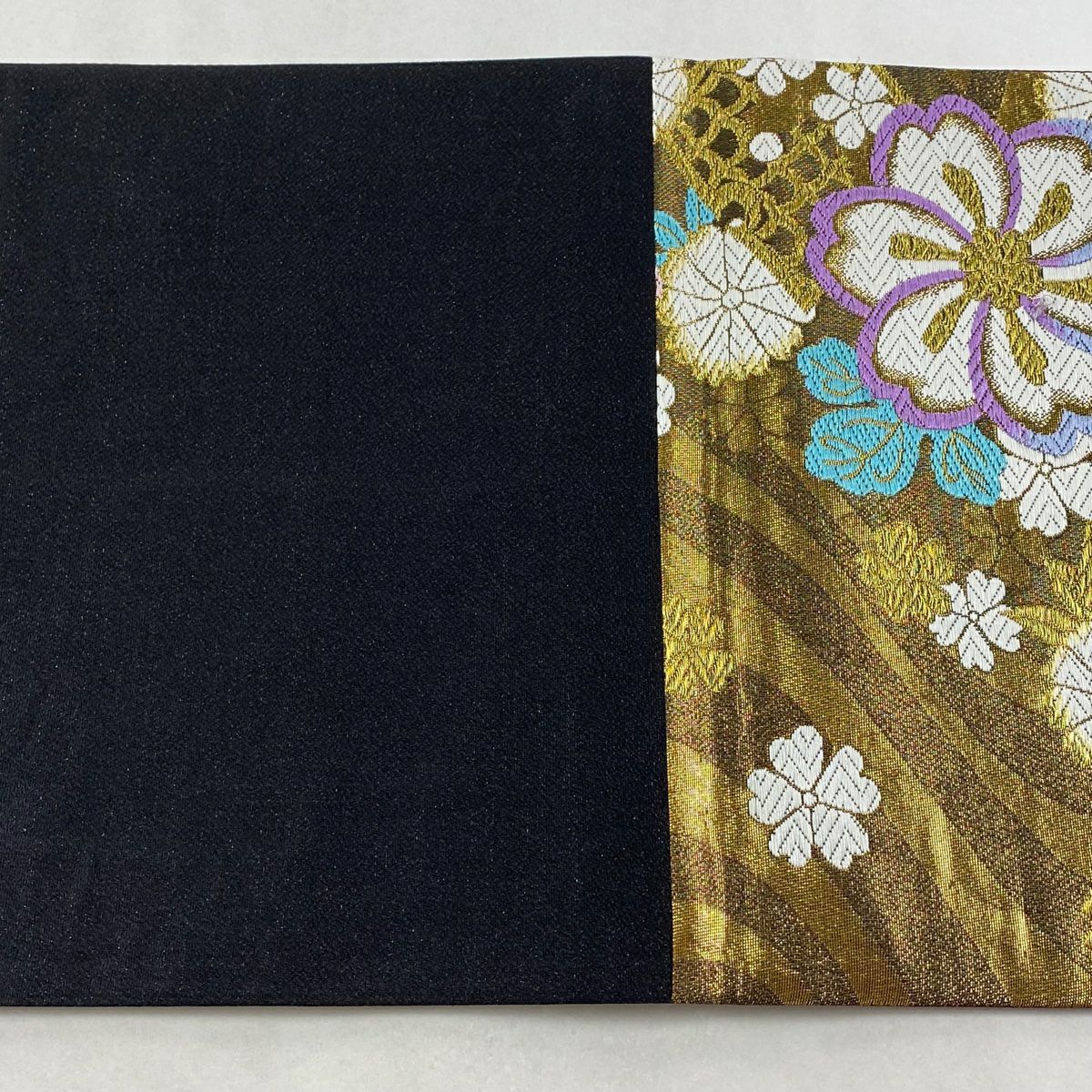 袋帶 秀品級 草花紋紋 流水刺繡 金絲 金色 六通 純蠶絲