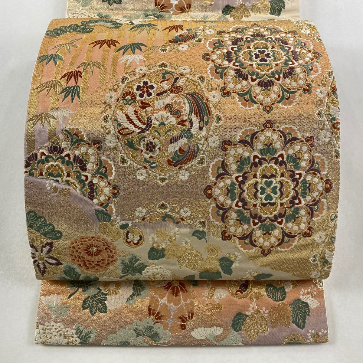 【美品】 袋帶 秀品級 華紋 花鳥 刺繡 金線 淺粉色 六通 純蠶絲