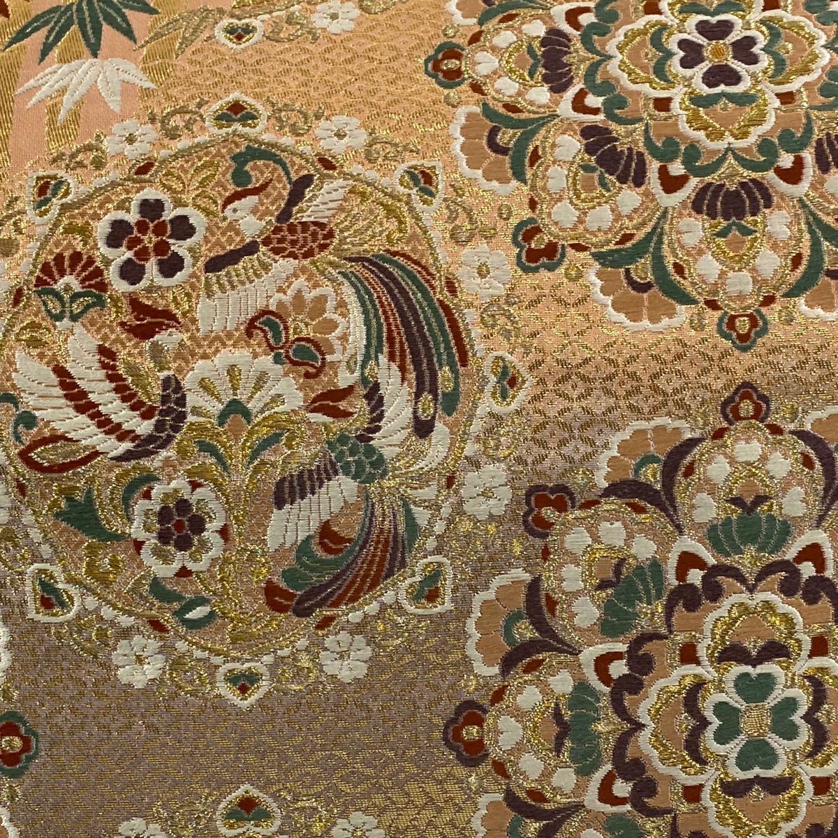 【美品】 袋帶 秀品級 華紋 花鳥 刺繡 金線 淺粉色 六通 純蠶絲