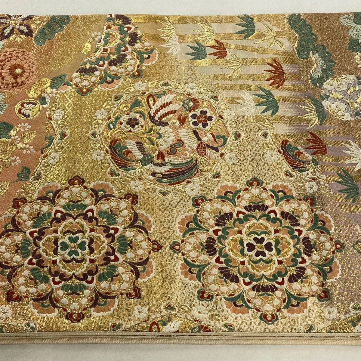 【美品】 袋帶 秀品級 華紋 花鳥 刺繡 金線 淺粉色 六通 純蠶絲