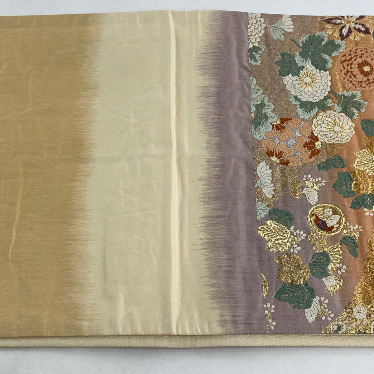 【美品】 袋帶 秀品級 華紋 花鳥 刺繡 金線 淺粉色 六通 純蠶絲