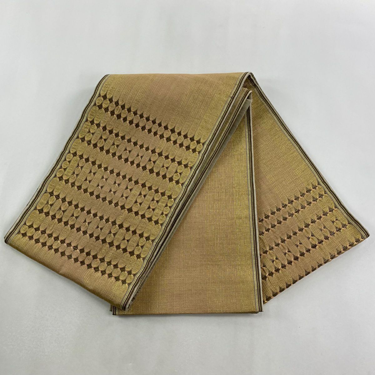 【美品】 袋帶 秀品級 幾何圖案 金絲 淺橙色 大鼓圖案 純蠶絲