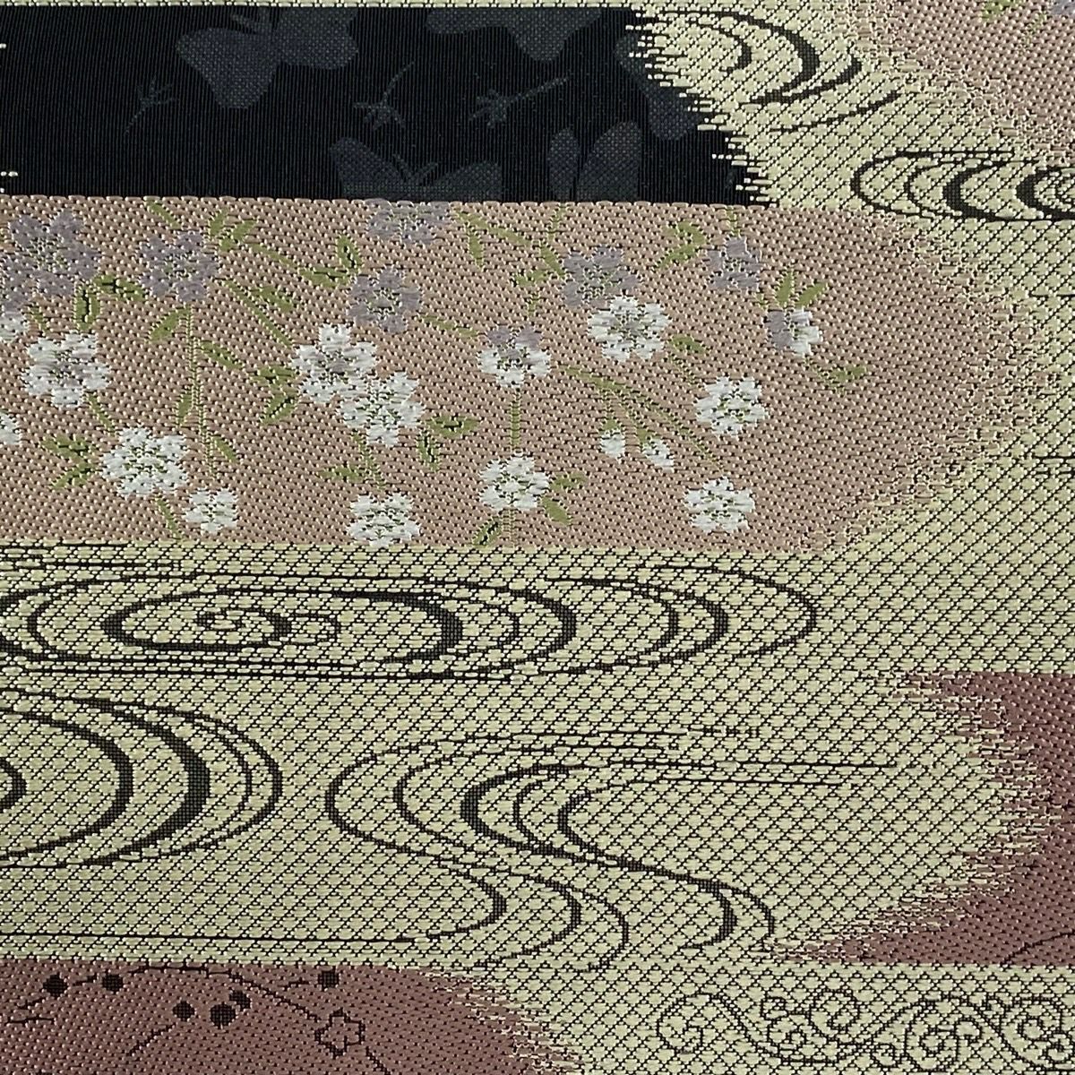 【美品】 袋帶 秀品級 花蝶 流水 刺繡 奶油 六通 純蠶絲