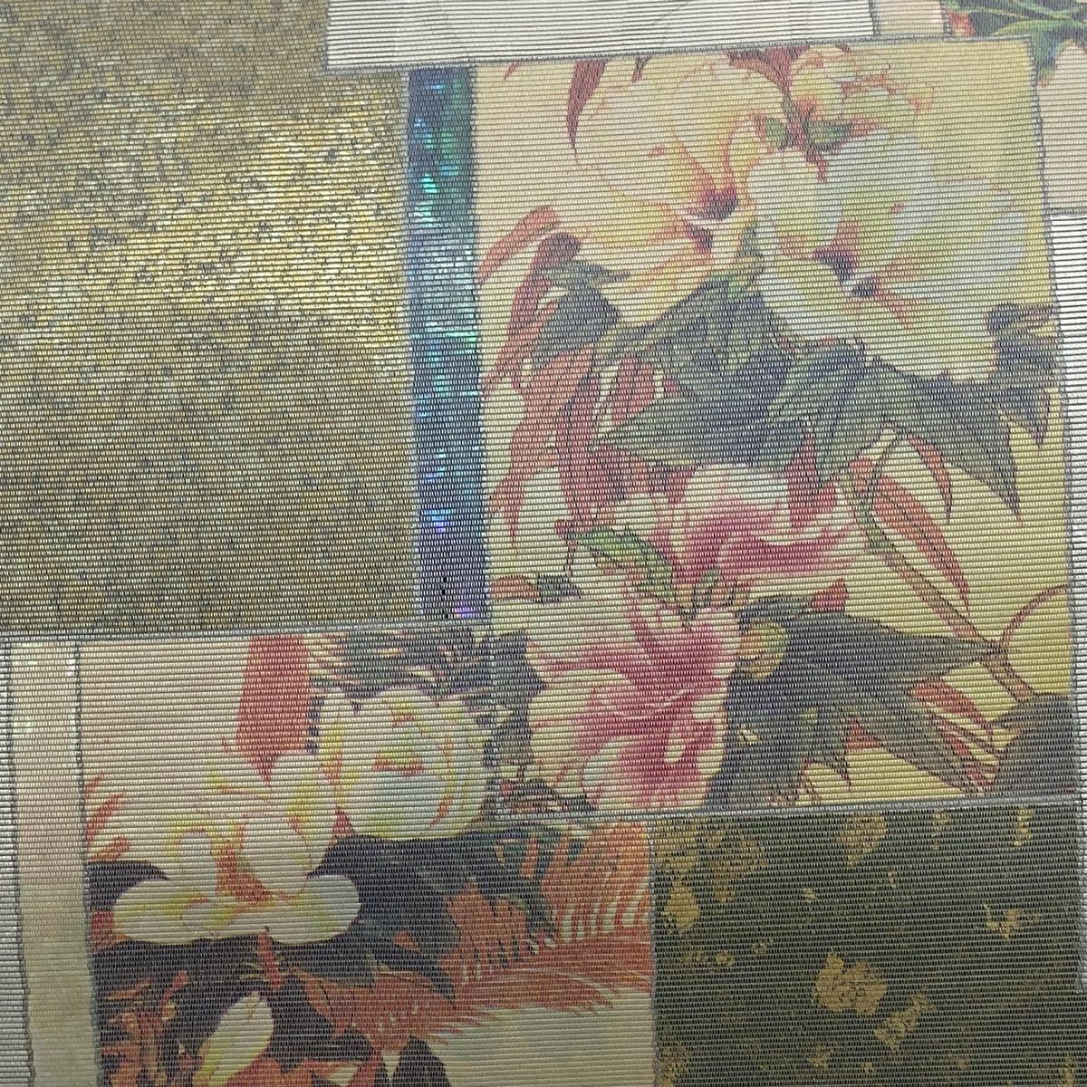 【美品】 名古屋帶 秀品級 關西仕立 色紙 草花紋紋 絵金金箔螺鈿織 金金箔 米色 純蠶絲