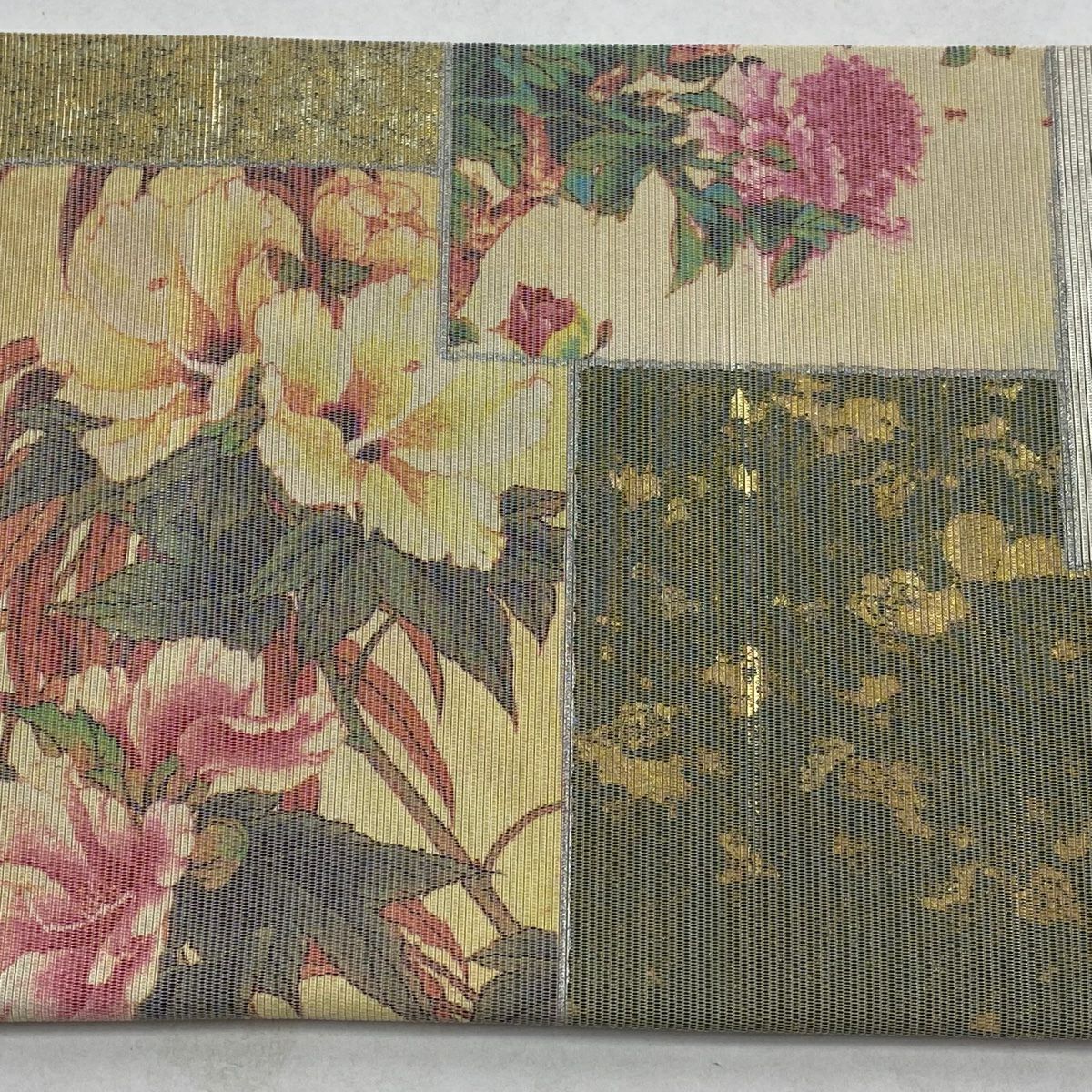 【美品】 名古屋帶 秀品級 關西仕立 色紙 草花紋紋 絵金金箔螺鈿織 金金箔 米色 純蠶絲