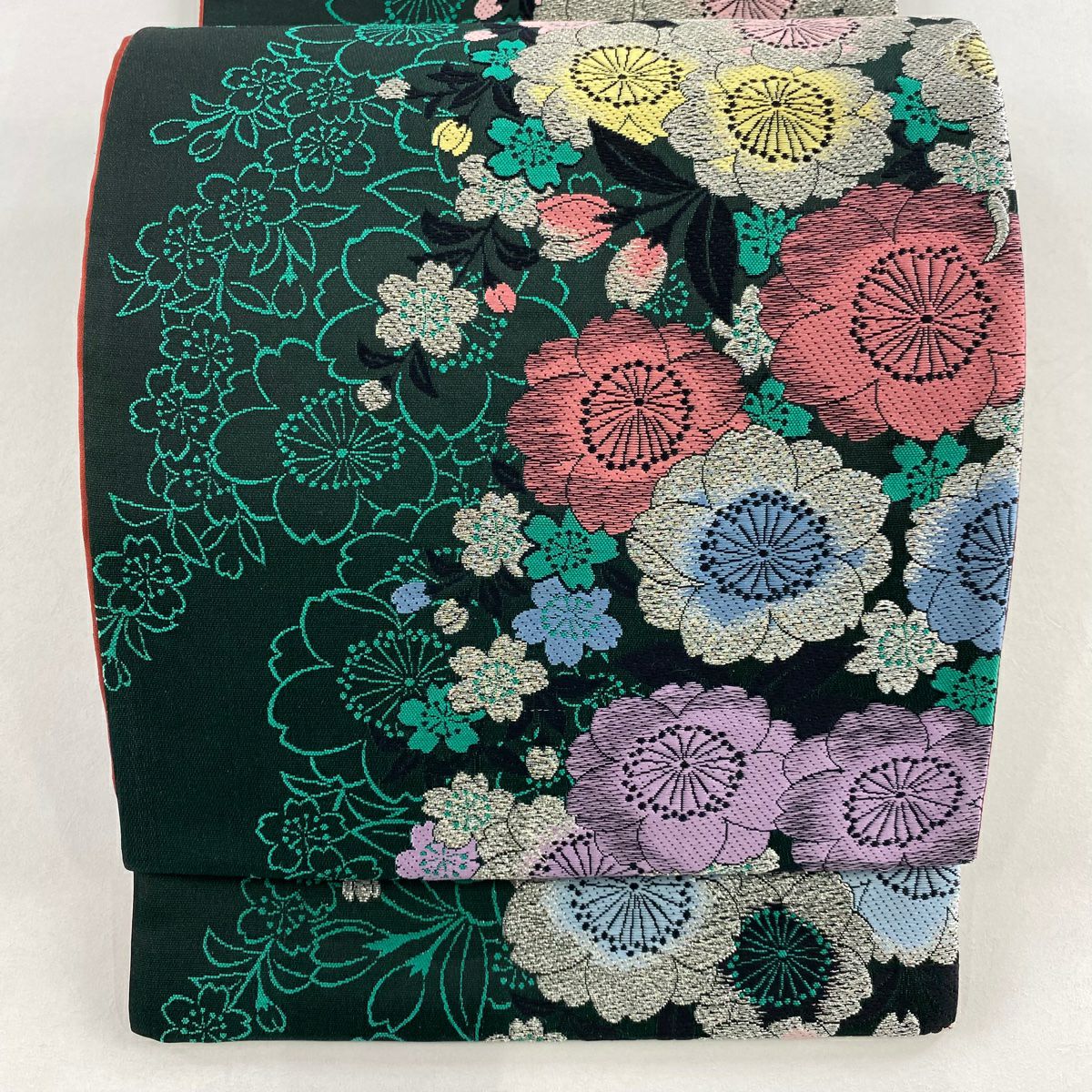 【美品】 袋帶 秀品級 樱花 銀線 綠 六通 純蠶絲