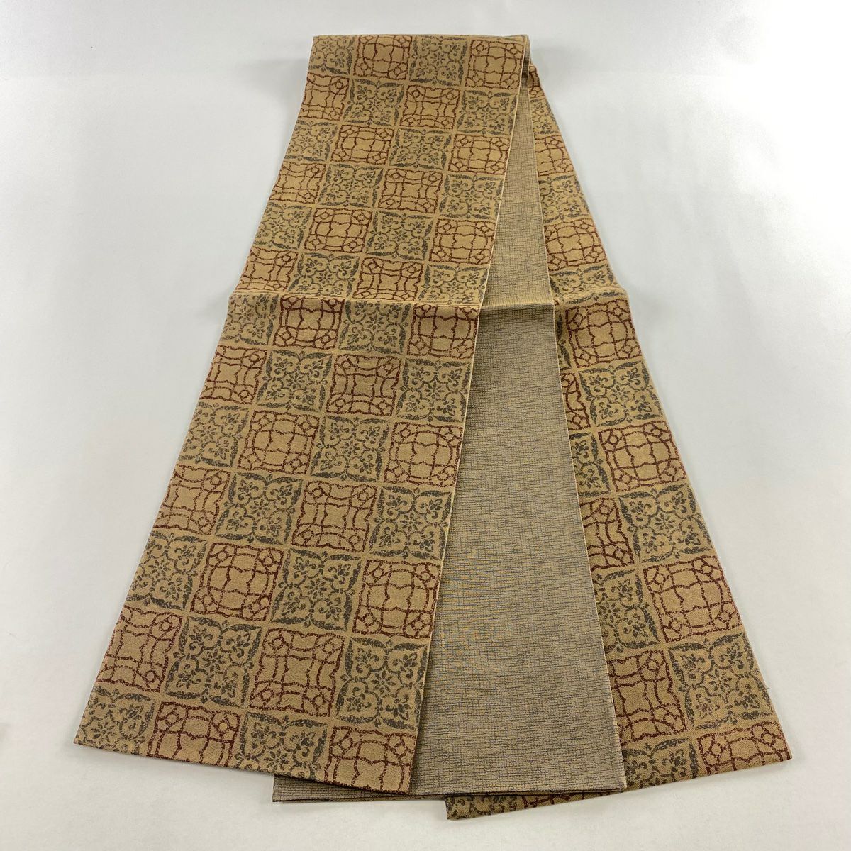 【美品】 袋帶 秀品級 華紋 幾何圖案 茶 全通 純蠶絲