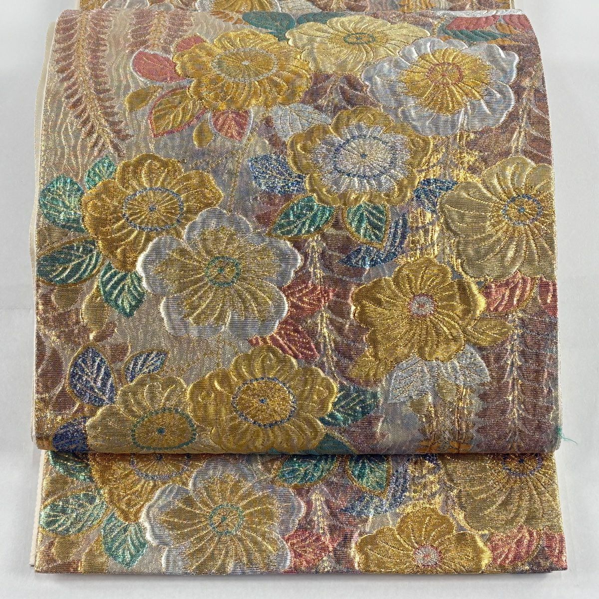 【美品】 袋帶 秀品級 辻花染圖案 紫藤 金銀彩 金金箔 鮭粉色 六通 純蠶絲