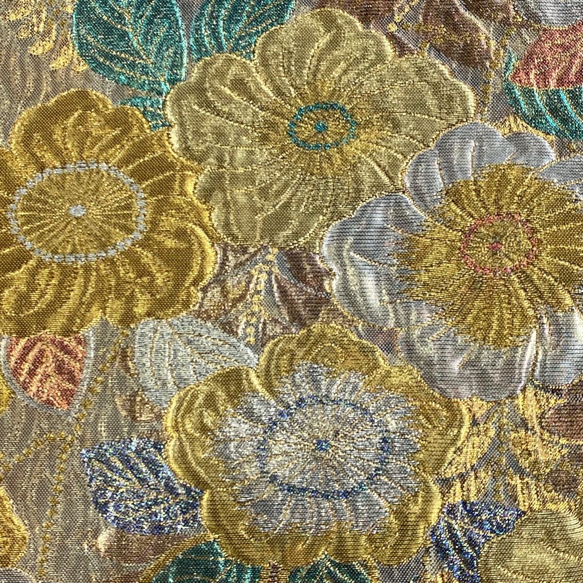【美品】 袋帶 秀品級 辻花染圖案 紫藤 金銀彩 金金箔 鮭粉色 六通 純蠶絲