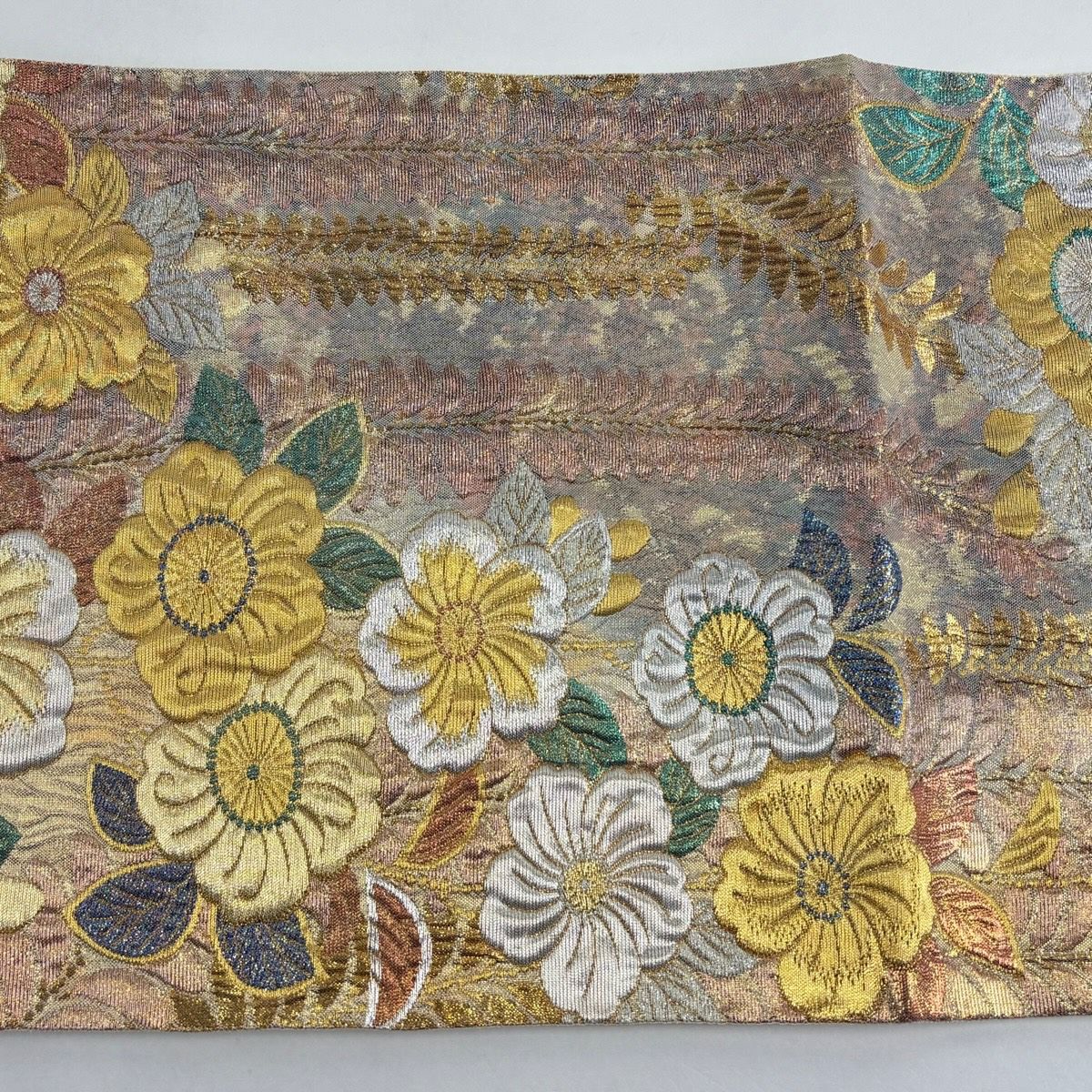 【美品】 袋帶 秀品級 辻花染圖案 紫藤 金銀彩 金金箔 鮭粉色 六通 純蠶絲