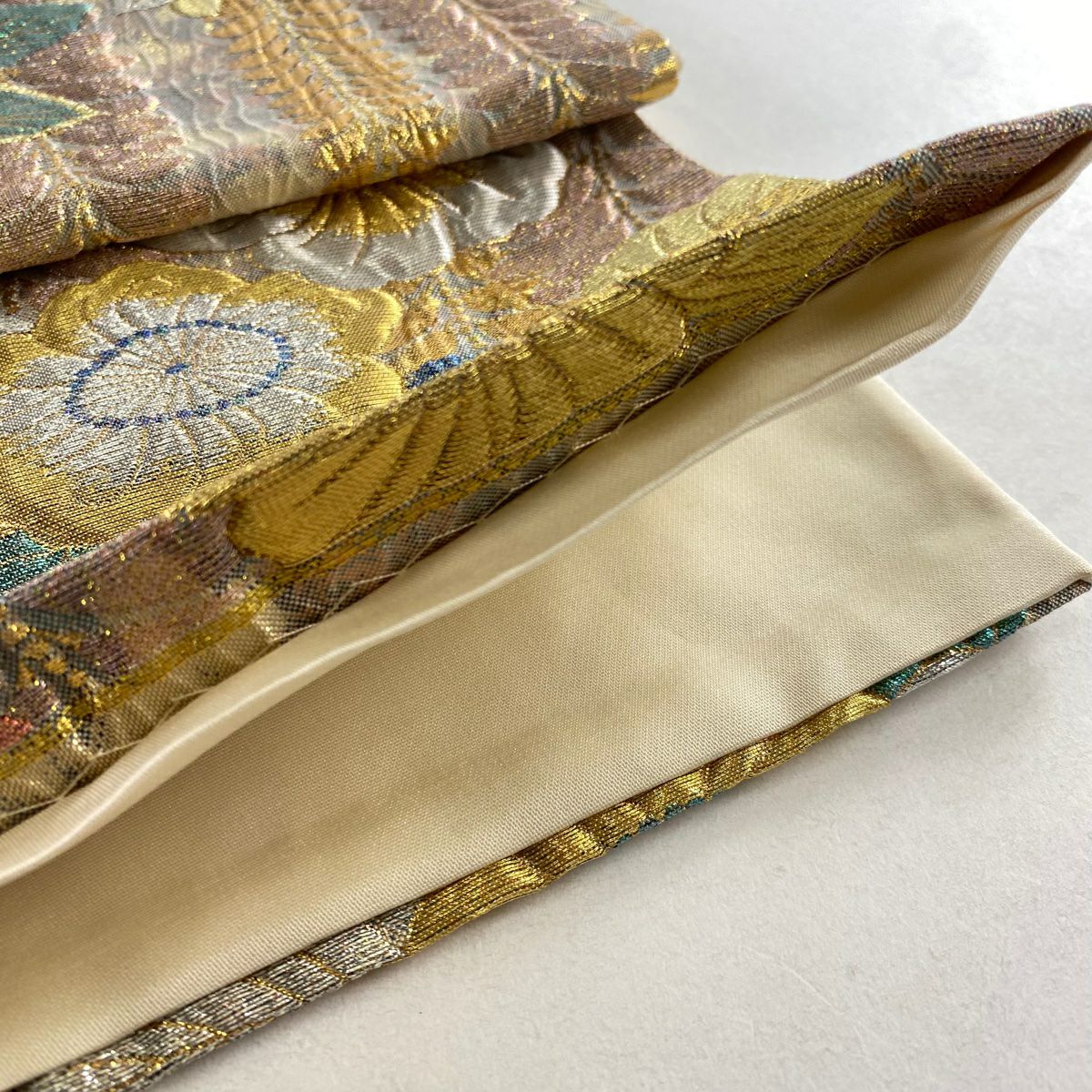 【美品】 袋帶 秀品級 辻花染圖案 紫藤 金銀彩 金金箔 鮭粉色 六通 純蠶絲