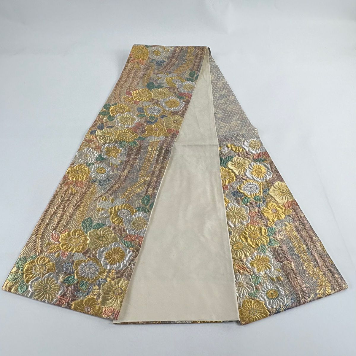 【美品】 袋帶 秀品級 辻花染圖案 紫藤 金銀彩 金金箔 鮭粉色 六通 純蠶絲
