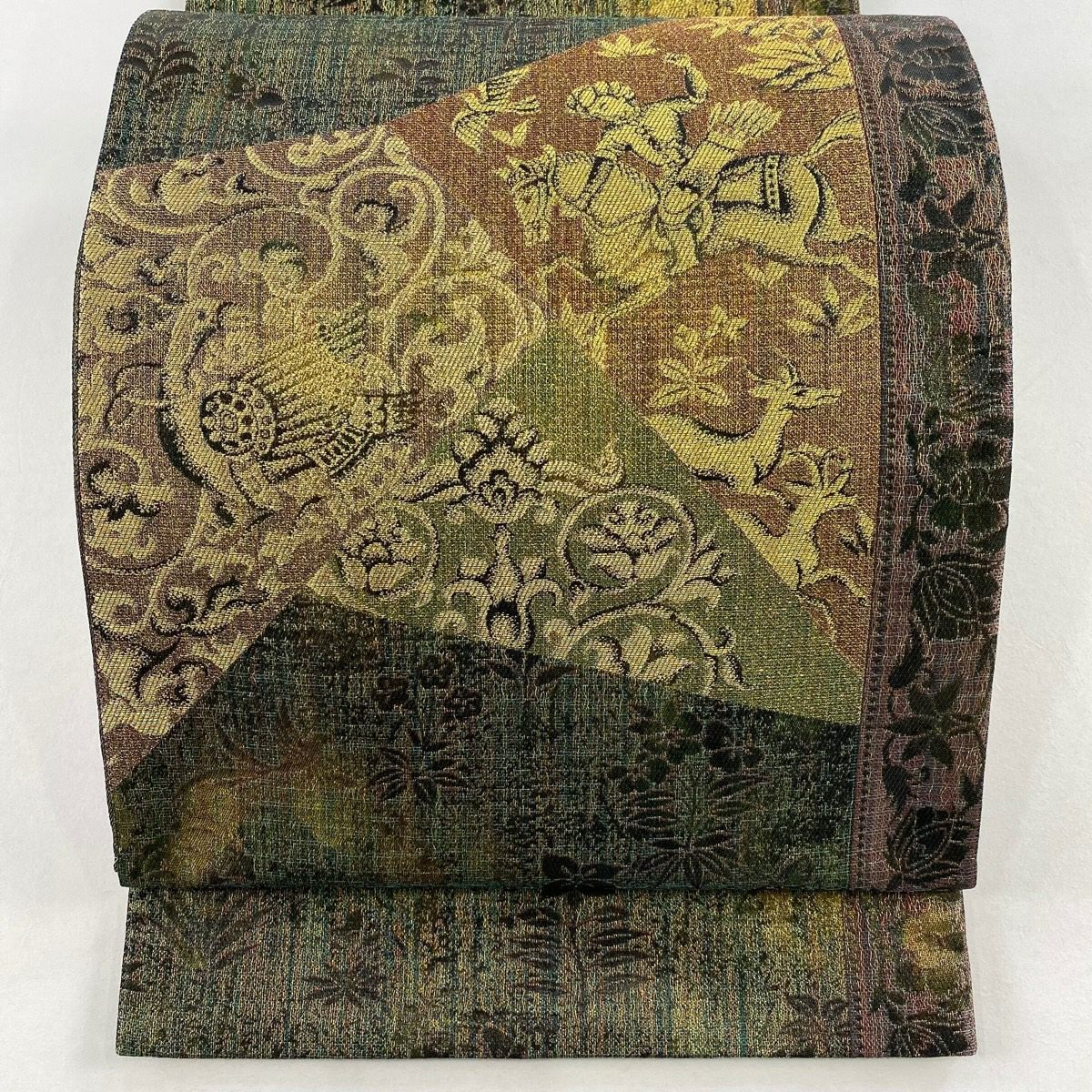 【美品】 袋帶 秀品級 狩獵文 草花紋紋 金絲 灰綠 六通 純蠶絲