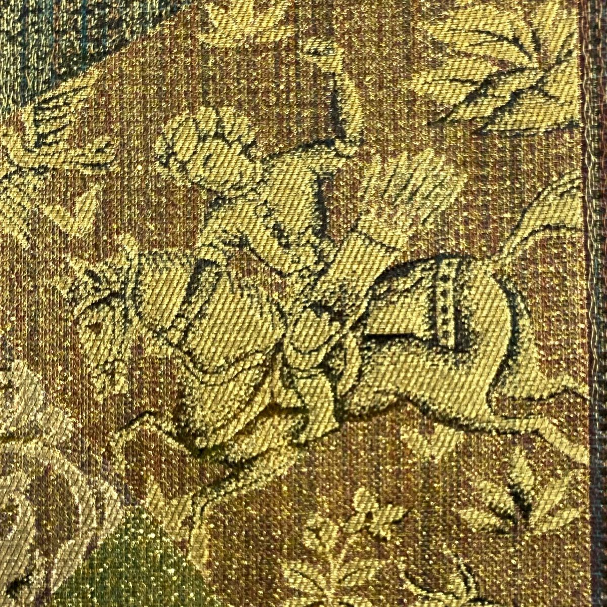 【美品】 袋帶 秀品級 狩獵文 草花紋紋 金絲 灰綠 六通 純蠶絲