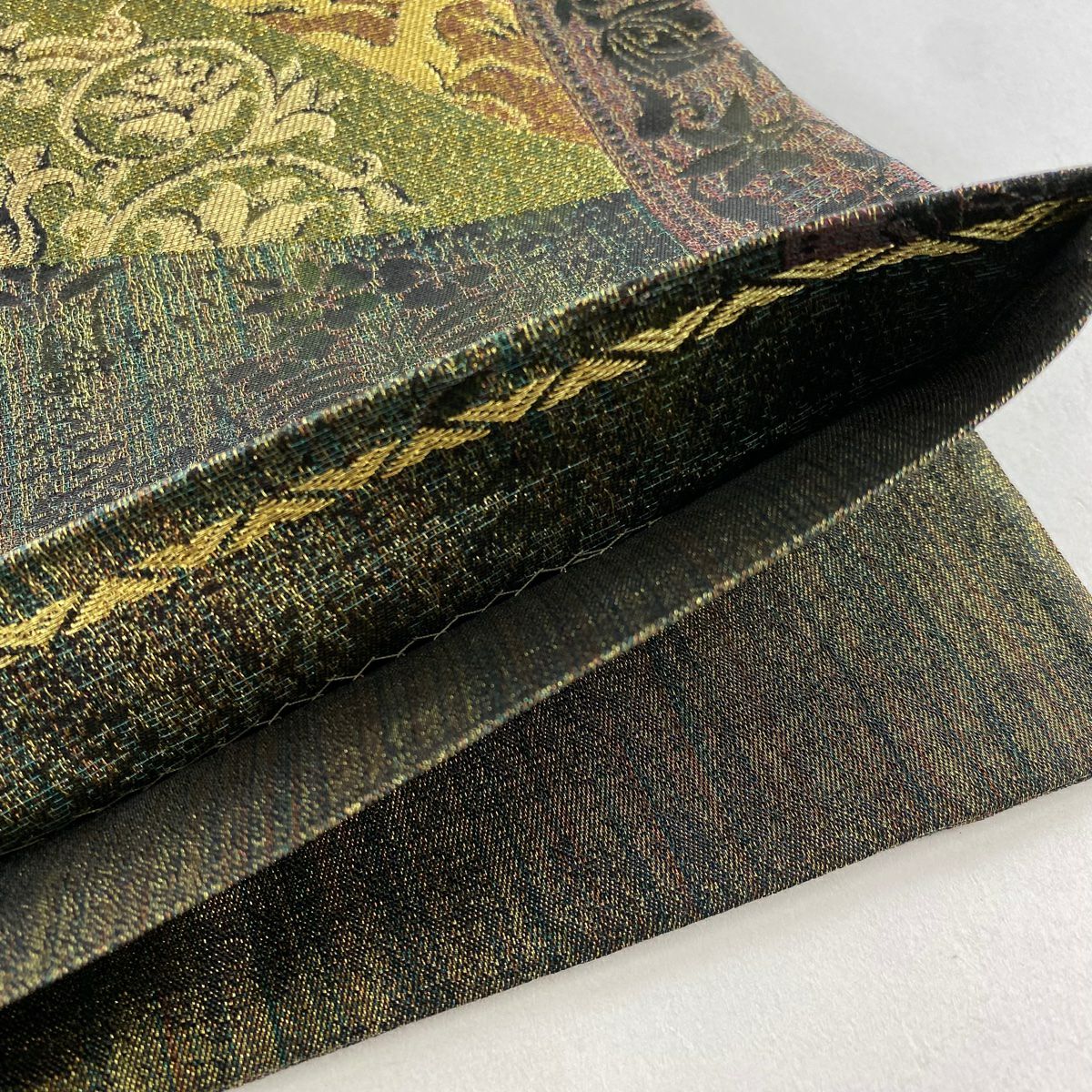 【美品】 袋帶 秀品級 狩獵文 草花紋紋 金絲 灰綠 六通 純蠶絲