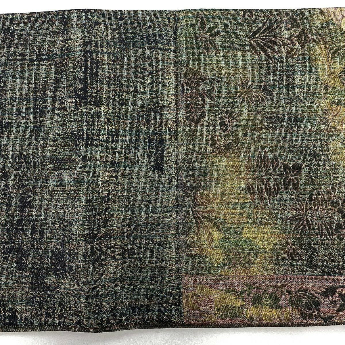 【美品】 袋帶 秀品級 狩獵文 草花紋紋 金絲 灰綠 六通 純蠶絲